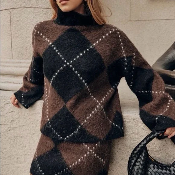 ✨COMMENSE✨ Argyle Wool-Blend Sweater & Mini Skirt Set - L - Picture 5 of 6